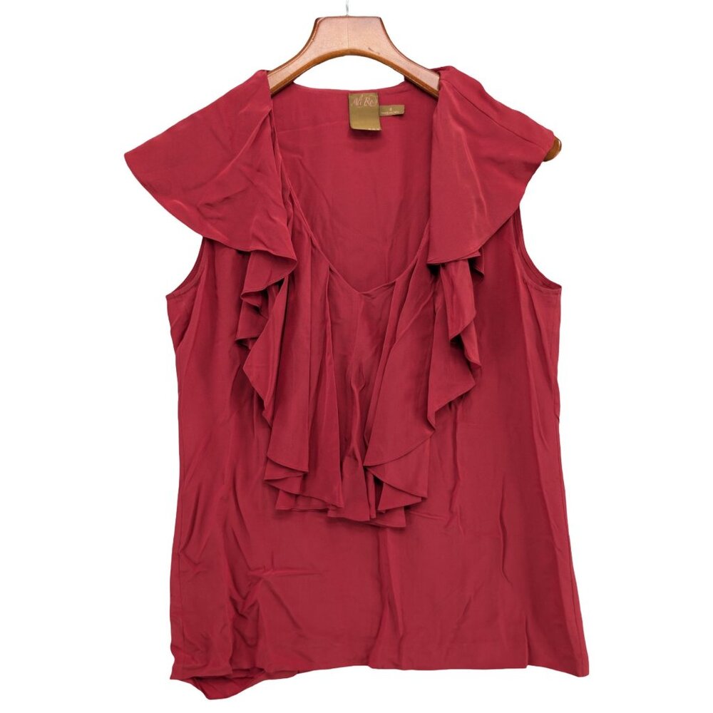 Ali Ro Silk Blouse Womens Dark Red Ruffle Cap Sleeve V Neck Pullover Top Size 8
